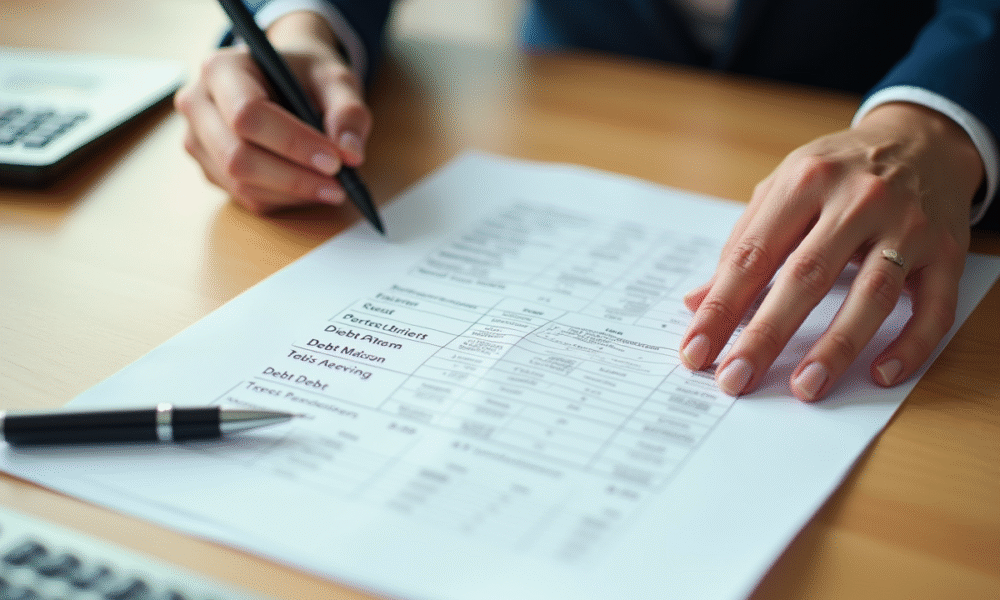 Main organisant des documents de dettes sur un bureau lumineux