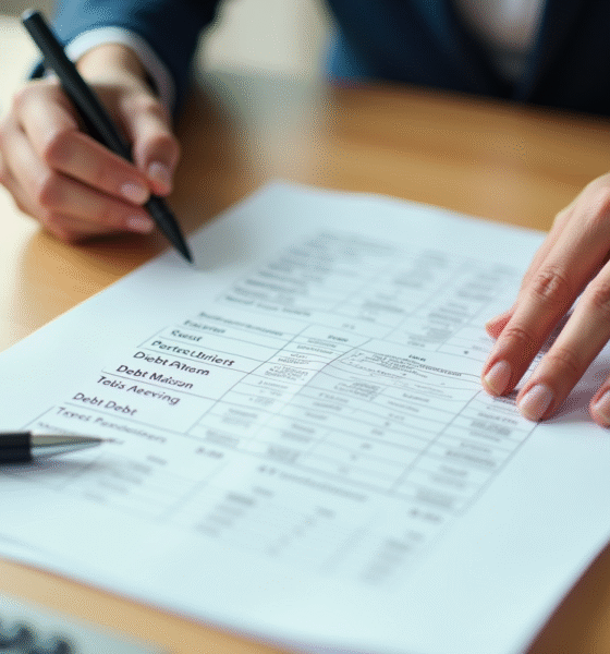 Main organisant des documents de dettes sur un bureau lumineux