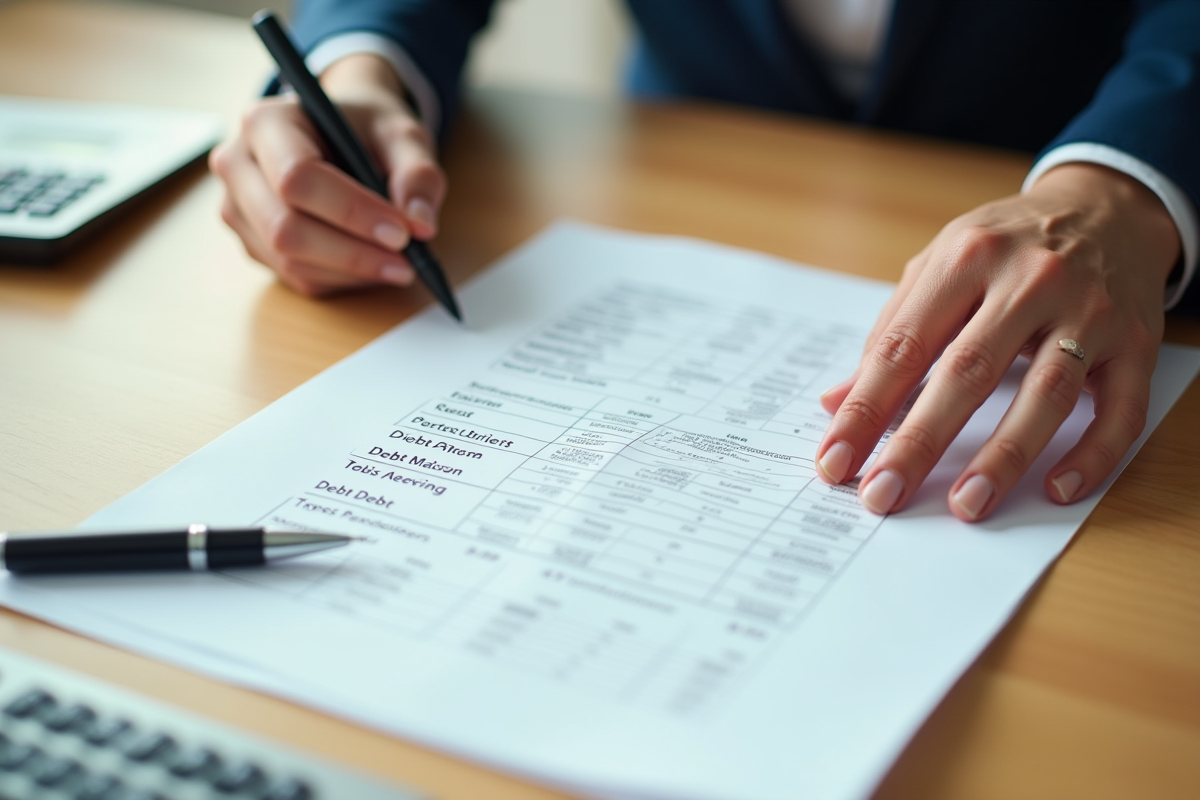 Main organisant des documents de dettes sur un bureau lumineux