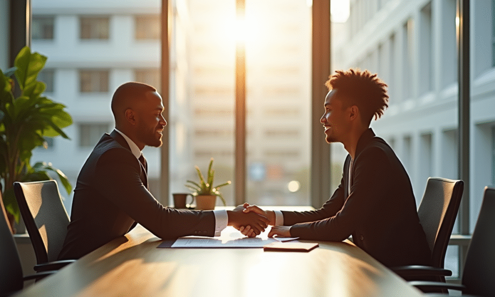 Deux professionnels scellent un partenariat d'externalisation dans un bureau lumineux
