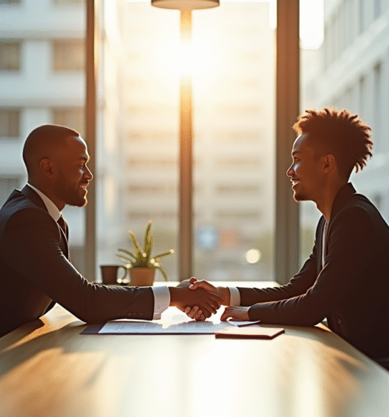 Deux professionnels scellent un partenariat d'externalisation dans un bureau lumineux