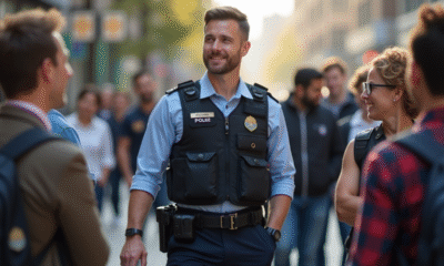 Policier en extérieur dans un environnement urbain avec des citoyens