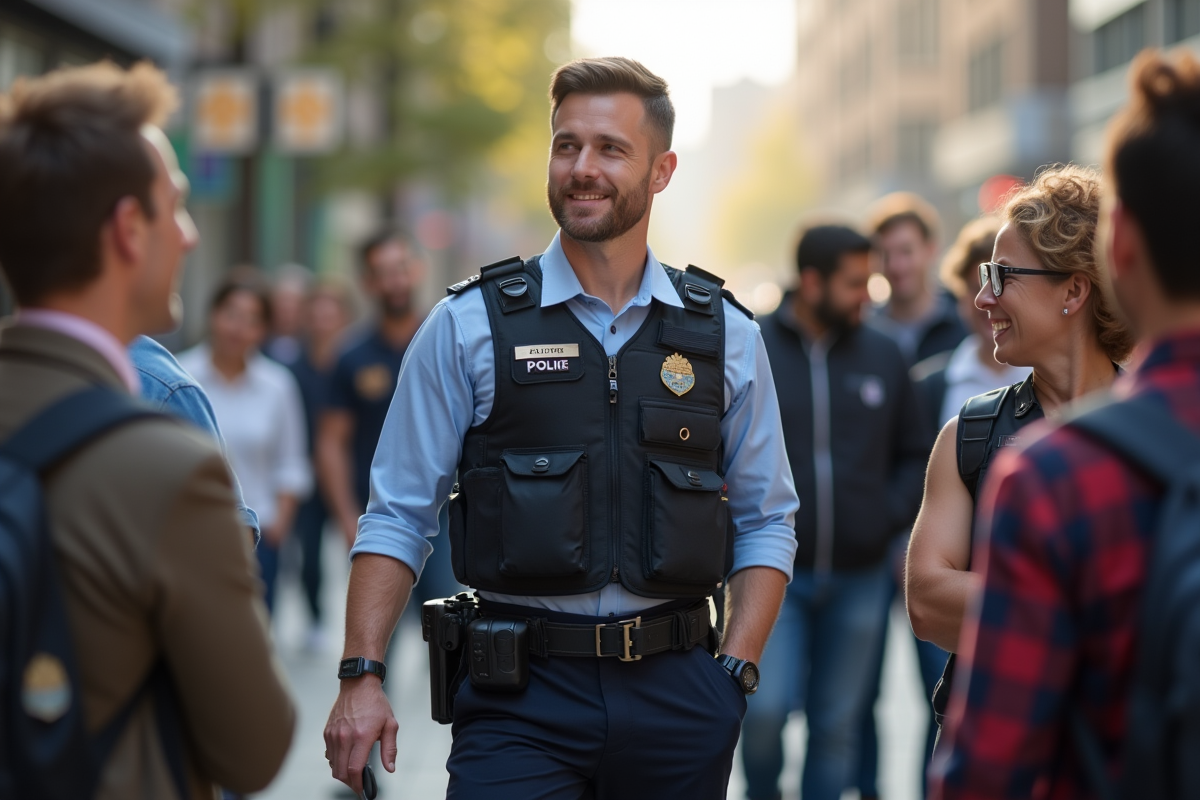 Policier en extérieur dans un environnement urbain avec des citoyens
