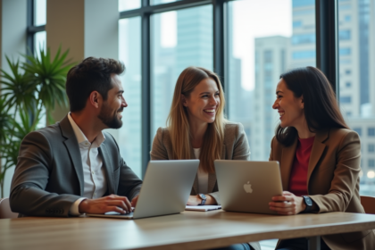 Groupe de professionnels discutant dans un bureau moderne