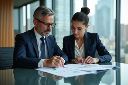 Deux professionnels en réunion d'affaires avec graphiques financiers