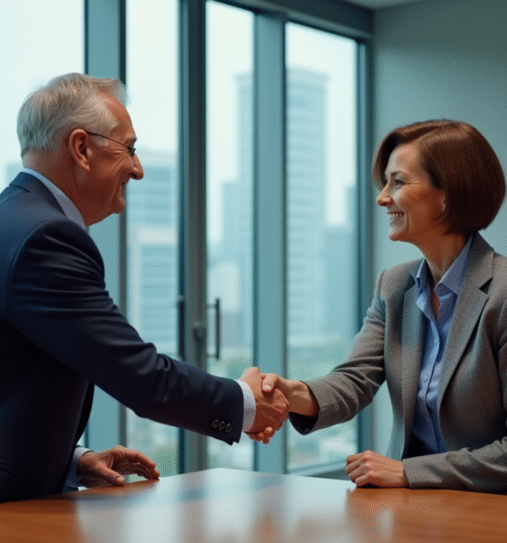 Deux professionnels se serrent la main dans une salle de réunion moderne