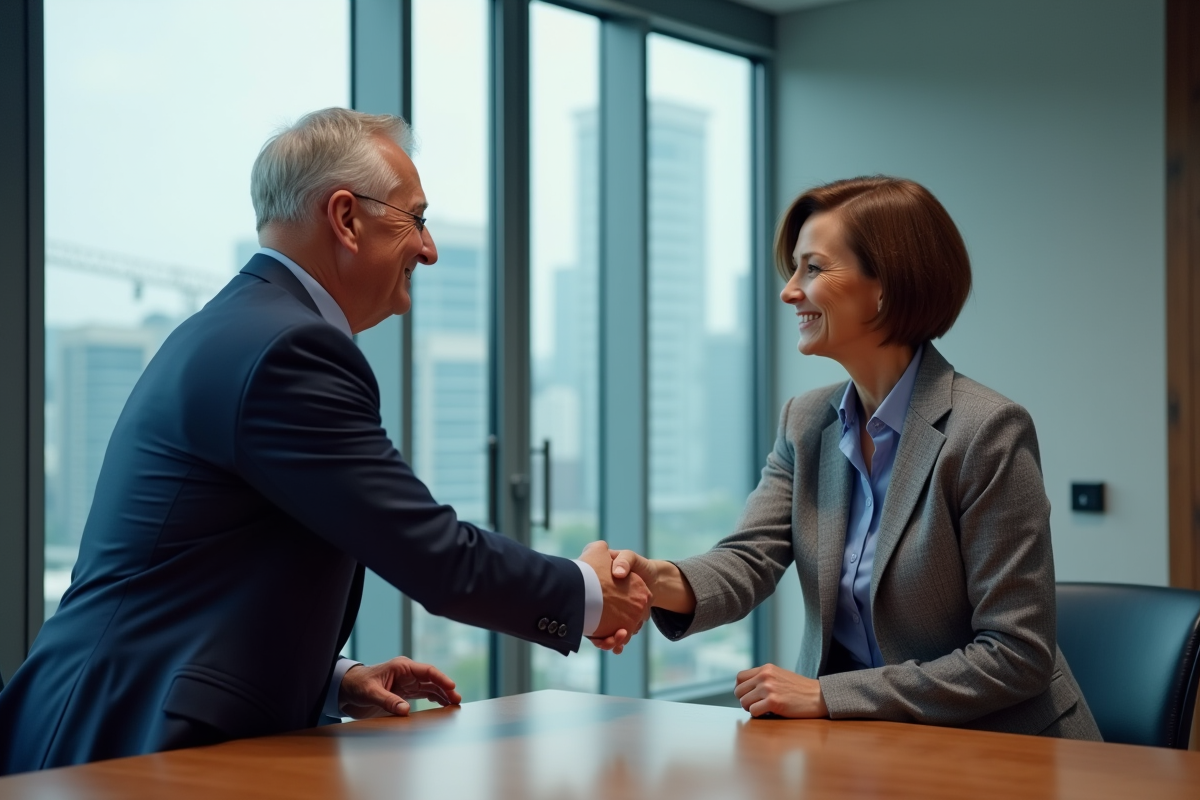 Deux professionnels se serrent la main dans une salle de réunion moderne