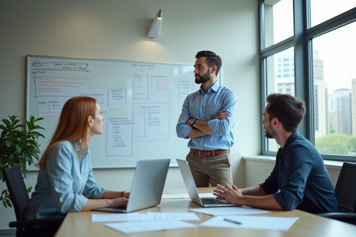 Jeune manager discutant avec collègues dans une salle de réunion