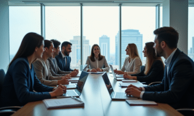 Groupe de professionnels en réunion avec vue sur la ville