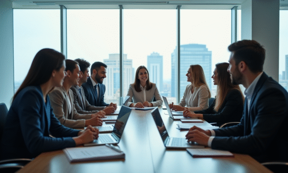 Groupe de professionnels en réunion avec vue sur la ville