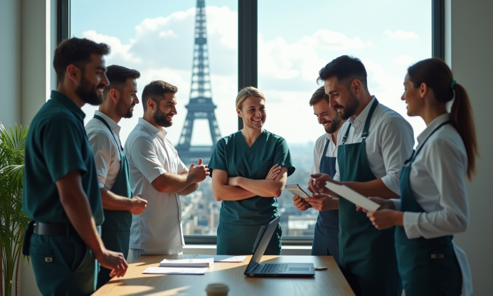 Groupe divers de travailleurs en France avec la tour Eiffel en arrière-plan