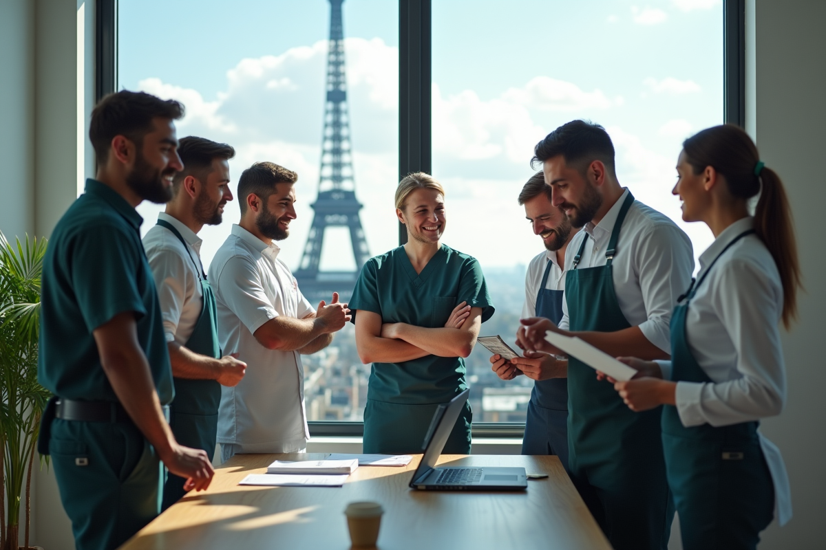Groupe divers de travailleurs en France avec la tour Eiffel en arrière-plan