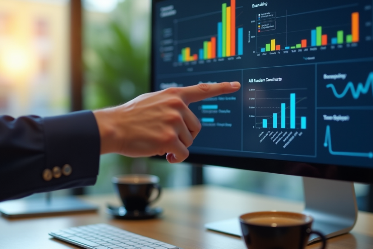 Main pointant une interface CRM colorée sur un écran d